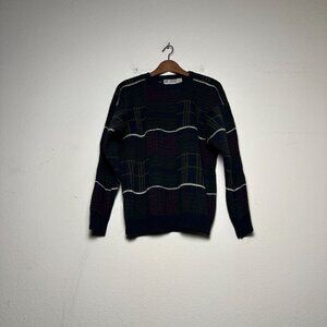 VTG Sun River Plaid Striped Sweater Men M Red Green USA Made 90s Crewneck